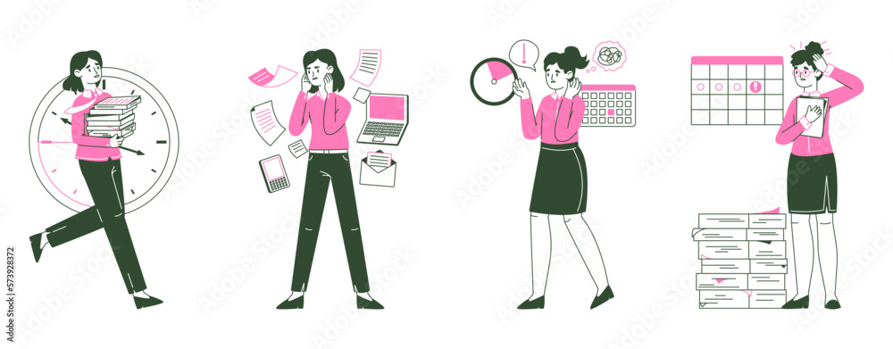 Business women in stress. Stressed office characters, work deadline and tasks overload, tired female workers flat vector illustration set