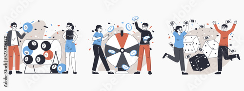 Casino lucky players. Gambling, money prize winning, bingo and poker card game happy players, people win casino game flat vector illustration set