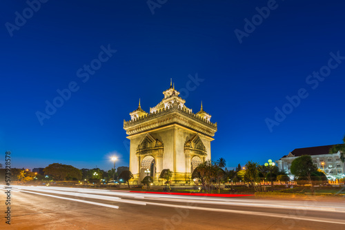 Vientiane Laos, night city skyline at Patuxai (Patuxay) the most famous landmark in Vientiane