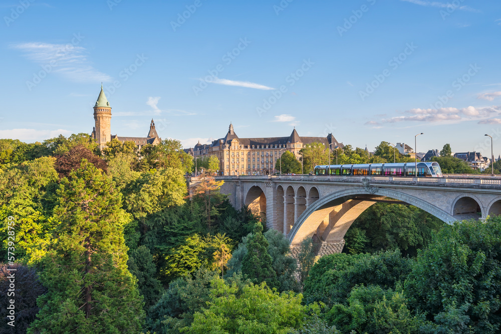 Grand Duchy of Luxembourg, city skyline at Pont Adolphe Bridge - obrazy, fototapety, plakaty 