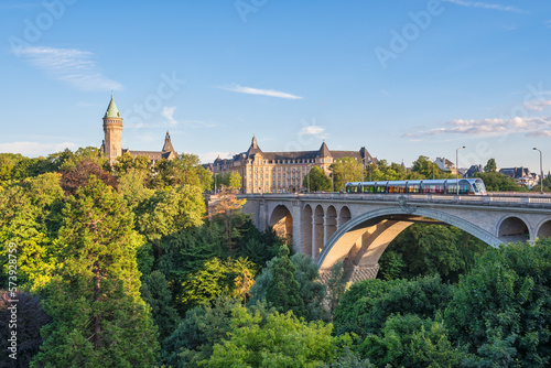 Grand Duchy of Luxembourg, city skyline at Pont Adolphe Bridge photo