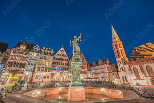 Frankfurt Germany, night city skyline at Romer Town Square