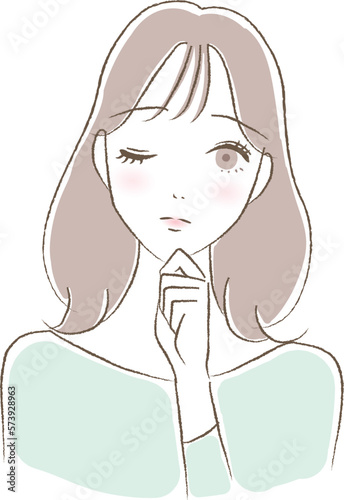 考えるポーズの若い女性のイラスト