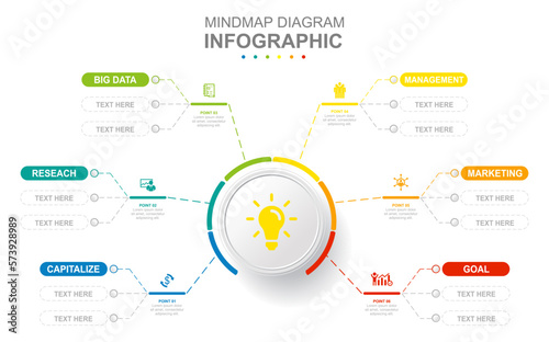Infographic business template. 6 Steps Modern Mindmap diagram with several topics. Concept presentation.