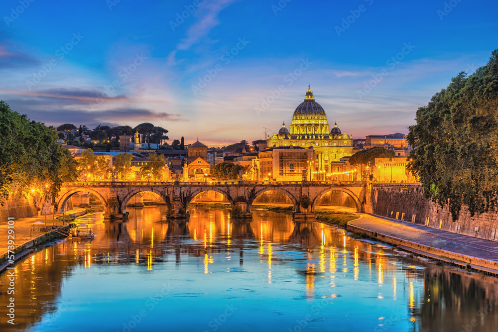 Rome Vatican Italy sunset city skyline at Tiber River