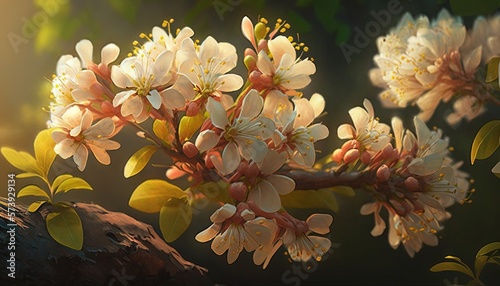  a branch of a flowering tree with white and yellow flowers.  generative ai