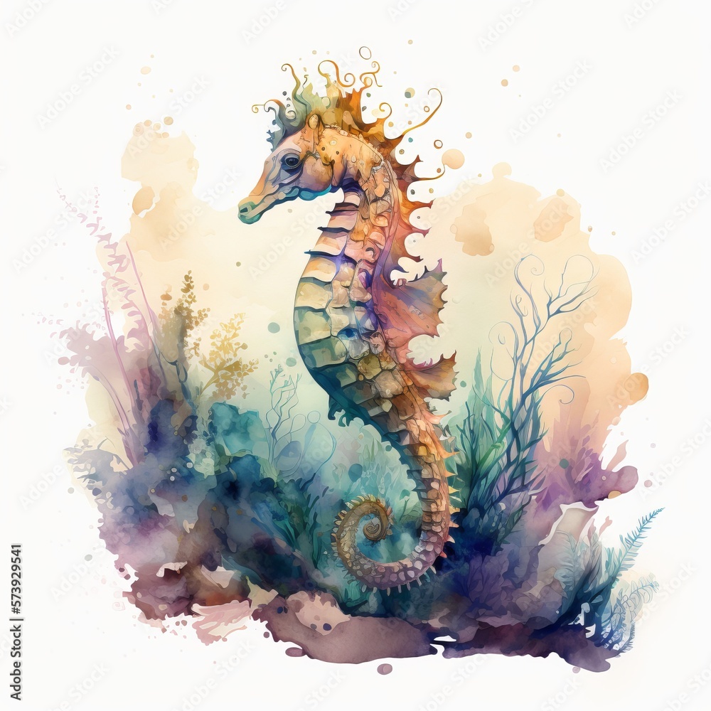 Drawing of a sea horse among seaweed drawing paint watercolor Generative AI