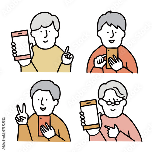 スマホを操作する男性のイラストセット　イエロー