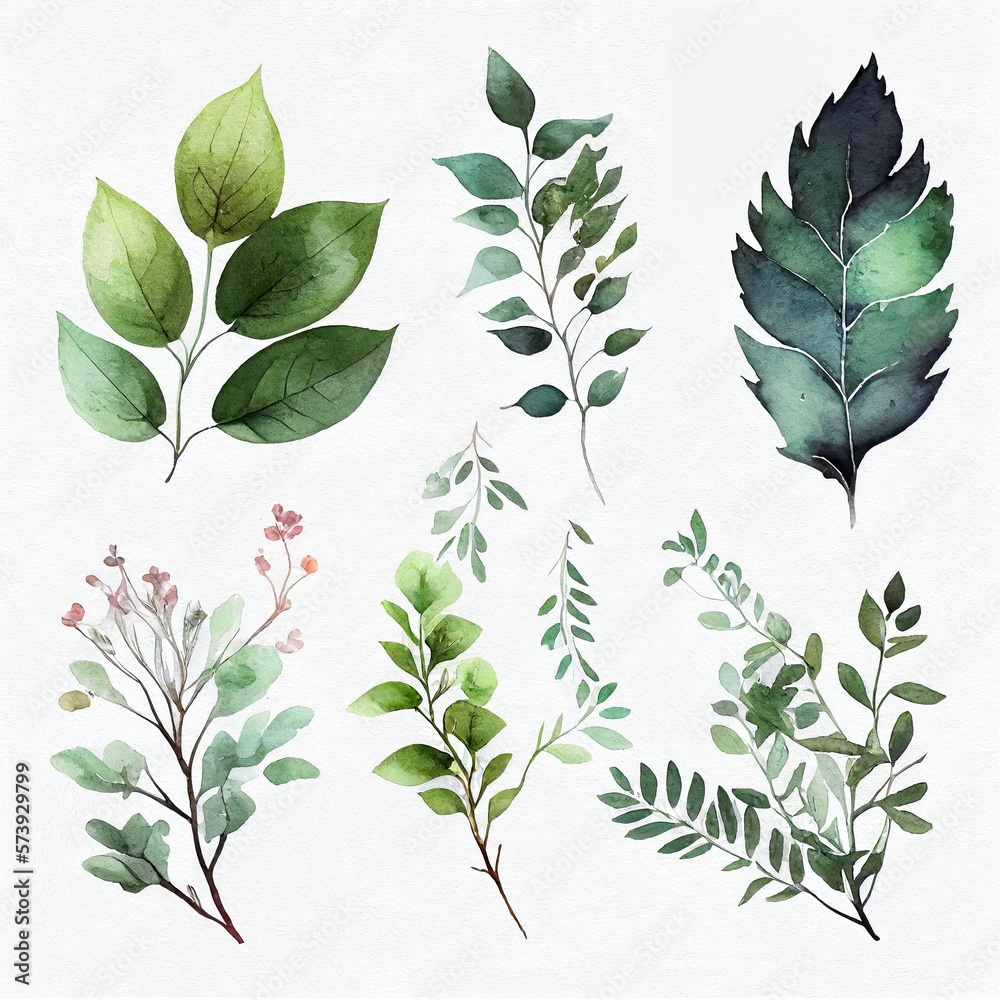 Drawing of a set of flower leaves on a white background watercolor paint Generative AI Drawing of a set of flower leaves on a white background watercolor paint Generative AI