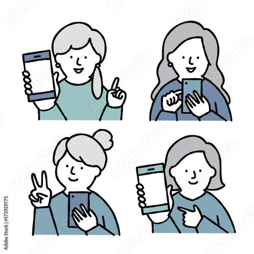 スマホを操作する女性のイラストセット　ブルー