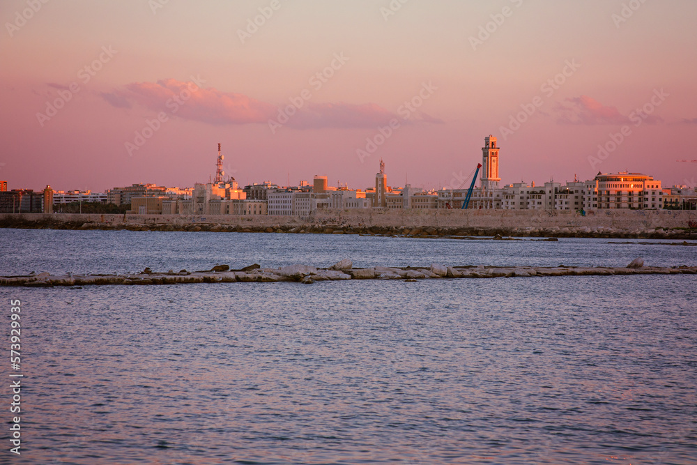 Bari, Puglia, Italy: Beautiful view of the city and the sea in the setting sun