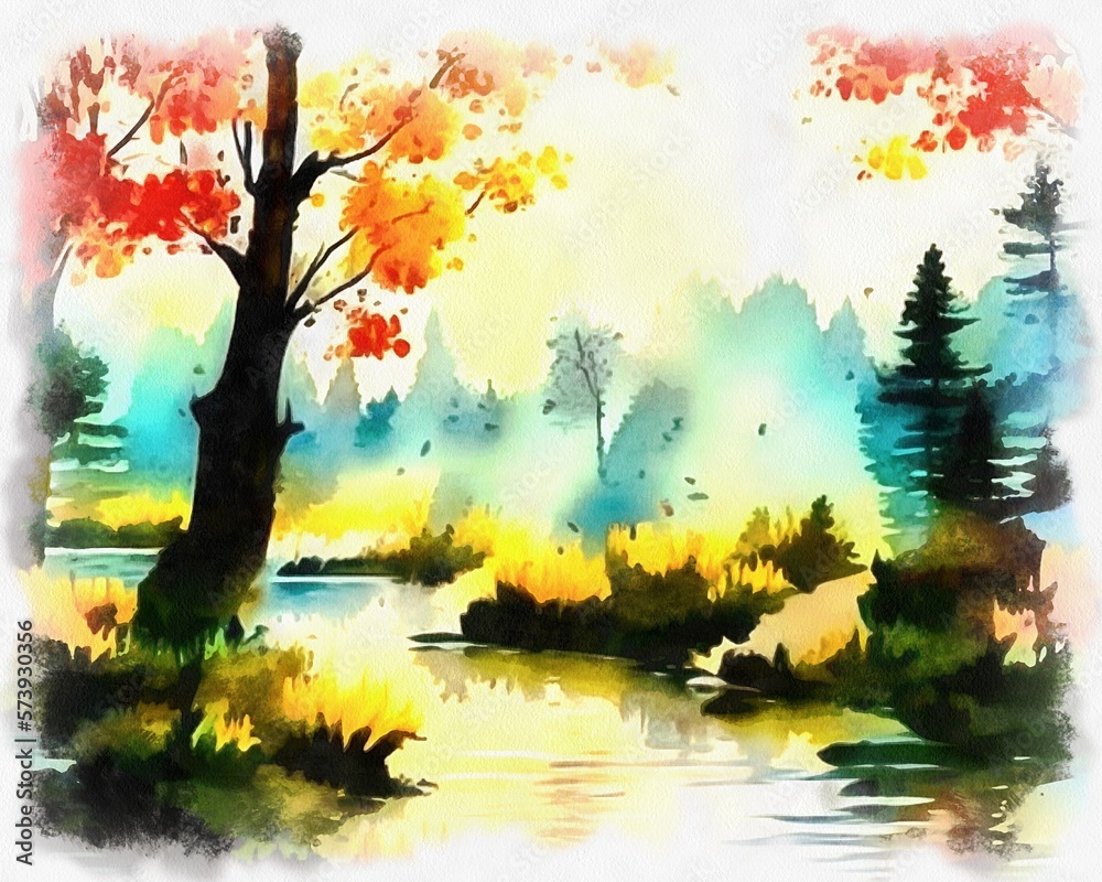 Illustration of beautiful landscape in watercolor painting style on paper canvas. Generative AI