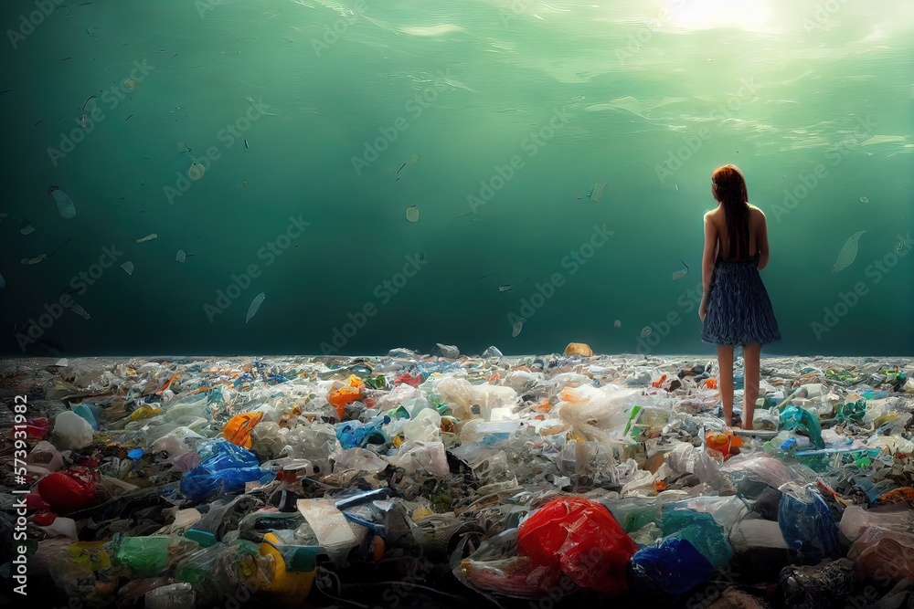 pollution de la mer, femme dans un océan de plastique sous l'eau rempli ...