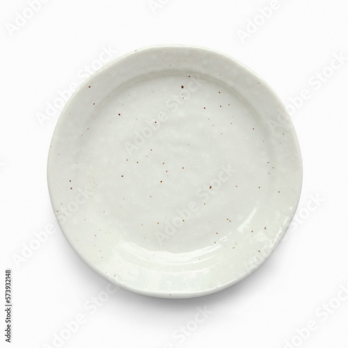 Small grey empty saucer isolated on white. Little ceramic dish of uneven, imperfect shape