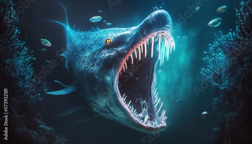 Sea monster, Imaginary underwater creature with a mouth full of teeth, Generative Ai. © Concept Killer