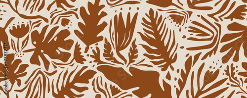 Hand drawn minimal abstract organic shapes seamless pattern, leaves and flowers.