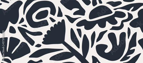 Hand drawn minimal abstract organic shapes seamless pattern, leaves and flowers.