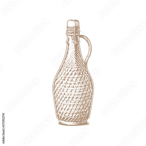 Wine wicker bottle. Vintage vector hatching gray monochrome illustration. Isolated on white background. Hand drawn