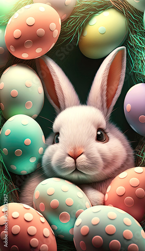 Baby rabbit with fluffy fur and easter Decorated Eggs.