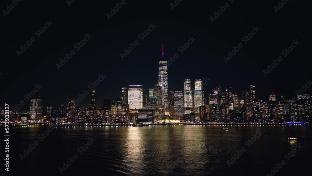 Aerial view over the skyline of Manhattan New York City at night - drone photography Aerial view over the skyline of Manhattan New York City at night - drone photography