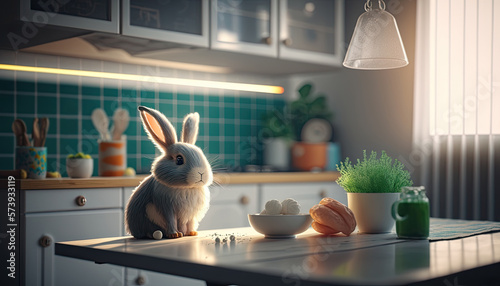 Cute baby bunny relaxon the table in cozy kitchen