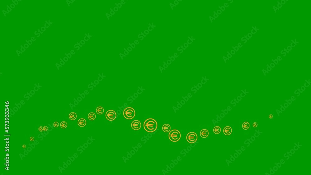 Animated orange symbol of the currency Euro coins fly from left to right. A wave with flying linear coins. Concept of business, money, finance. Vector illustration isolated on the green background. Animated orange symbol of the currency Euro coins fly from left to right. A wave with flying linear coins. Concept of business, money, finance. Vector illustration isolated on the green background.