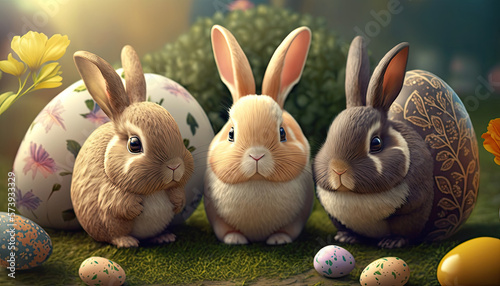 Easter bunny and Easter eggs on green grass field spring meadow