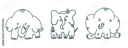 Elephants set with faces situations. Vector illustration in outline cartoon flat style isolated on white background.