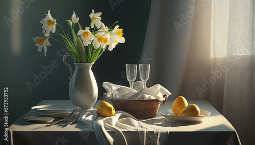 A bouquet of yellow and white daffodils in a glass