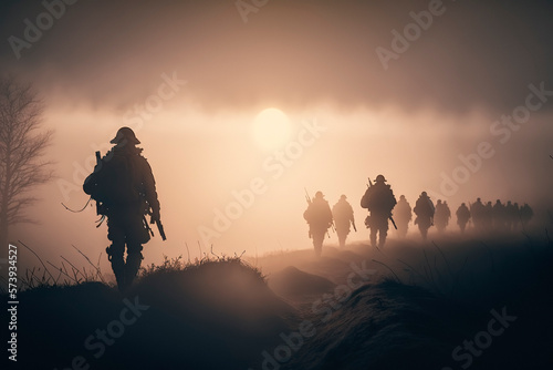 Soldiers on the battlefield mist and fog in ukraine. generative ai illustration