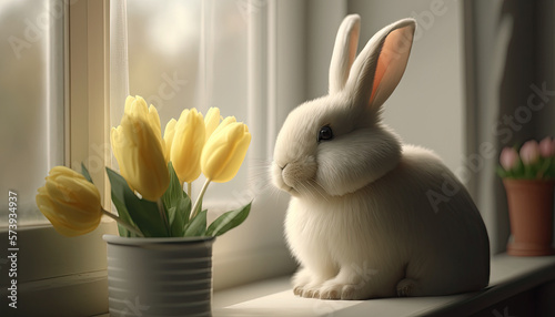 Cute funny bunny rabbit sitting on windowsill indoors