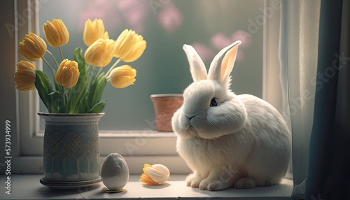Cute funny bunny rabbit sitting on windowsill indoors