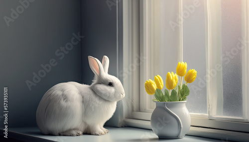 Cute funny bunny rabbit sitting on windowsill indoors