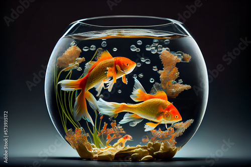 Beautiful fish in round glass aquarium.  Fish Swimming In Fishbowl. Generative AI.
