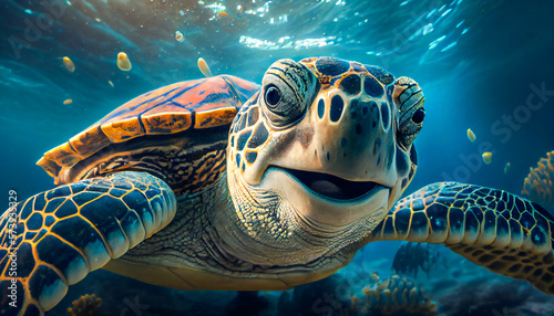 Joyful smiling sea turtle swimming underwater. Generative AI © EwaStudio