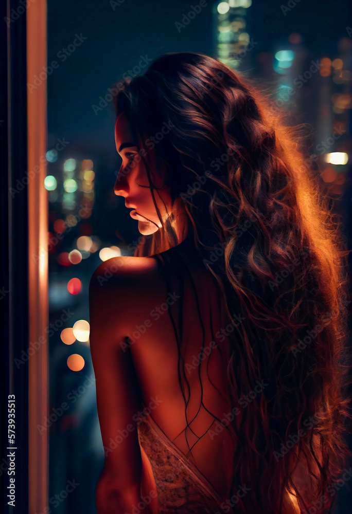 illustration of woman at the window. Beautiful young woman. Generative AI illustration of woman at the window. Beautiful young woman. Generative AI