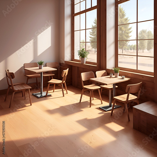 Illustration of a fancy modern coffee shop in the morning. Equipped with luxurious furniture and decorations. Has a large window to provide a comfortable view to customers. 