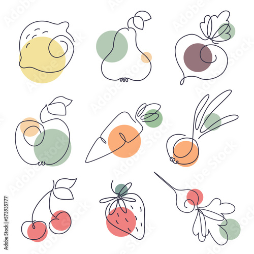 Set of vector line art fruits, vegetables and berries. Abstract healthy food.