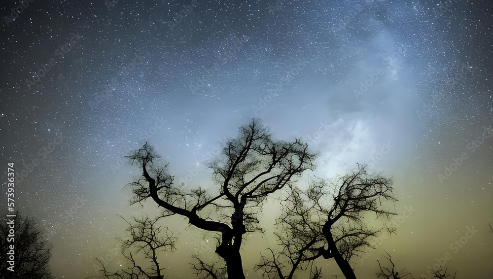 幻想的な星空と木のシルエット 幻想的な星空と木のシルエット