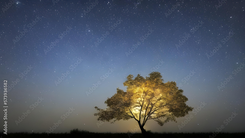 幻想的な星空と木のシルエット