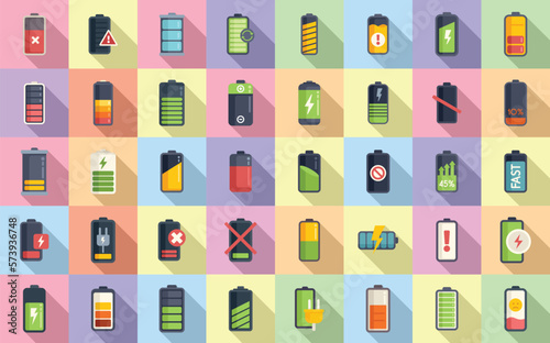 Battery charge icons set flat vector. Charge energy. Power phone
