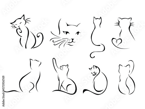 Cat Drawing Silhouette Set. Cats Line Art Hand Drawn Style, Kitten Outline Vector illustration. Isolated On White Background.
