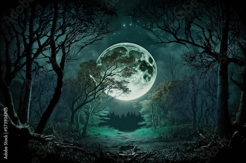 forest at night with the bright moon and trees in an enchanting landscape