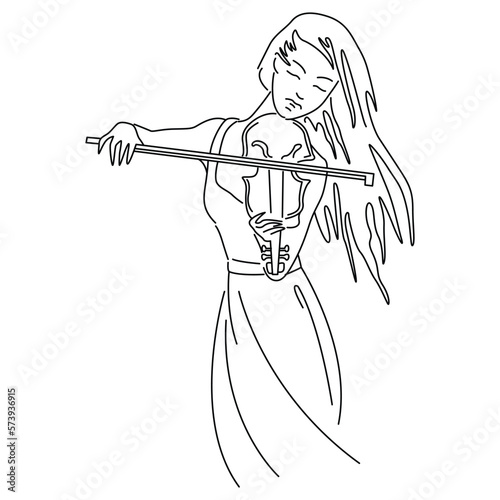 The girl plays the violin standing. Drawing with a simple black line, in the form of an outline. Vector illustration