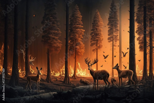 Forest on fire, animals fleeing, destruction of fauna and flora