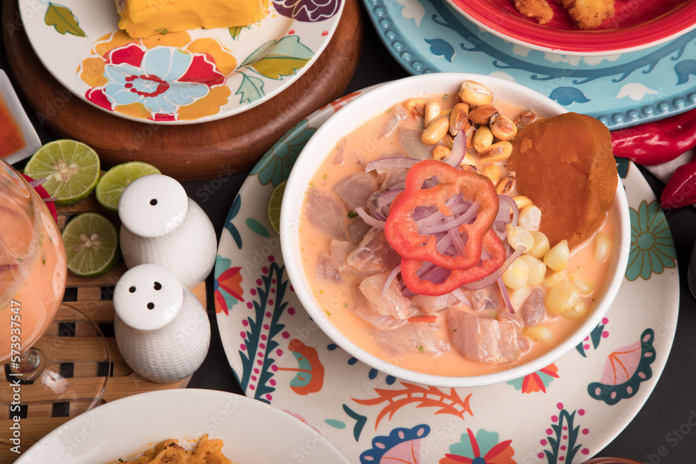 Ceviche cebiche de pescado Sea food ceviche Assorted food plates Peru traditional comfort food buffet table Ceviche cebiche de pescado Sea food ceviche Assorted food plates Peru traditional comfort food buffet table