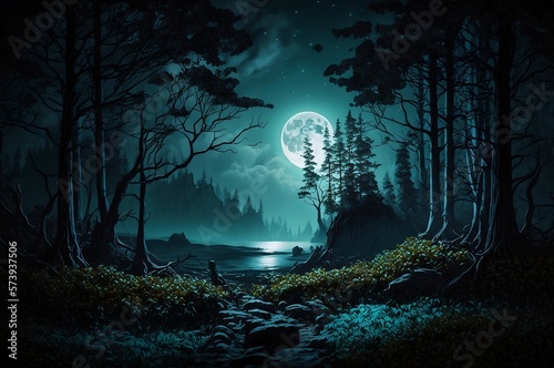 forest at night with the bright moon and trees in an enchanting landscape