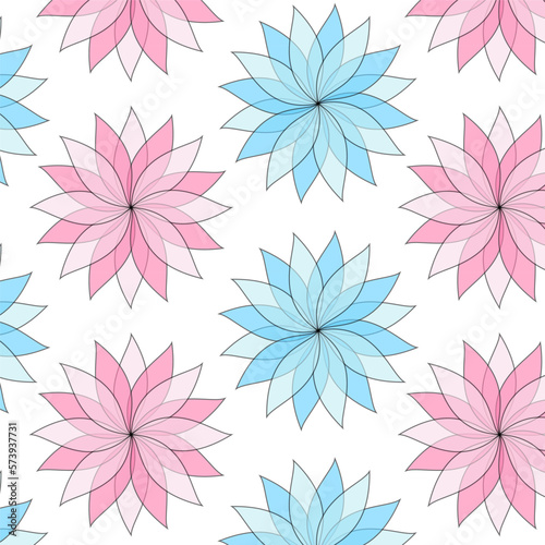 Blue and pink flowers on a white background repeating pattern