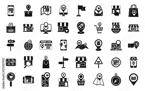 Store locator icons set simple vector. Office travel. Area map