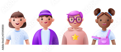 3D kid avatar set, vector child face icon, young school teen boy girl cartoon character, cute smile. Diverse kindergarten head collection, happy student team portrait profile clipart. Kid avatar kit